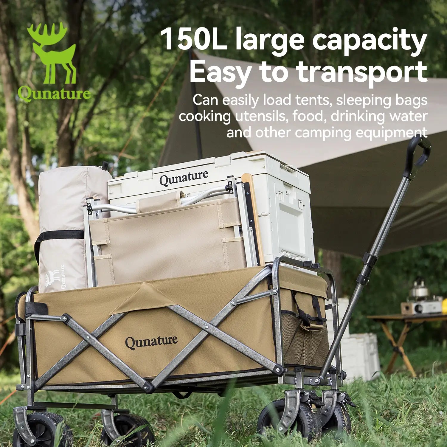 Qunature camping cart with storage compartments in a natural setting