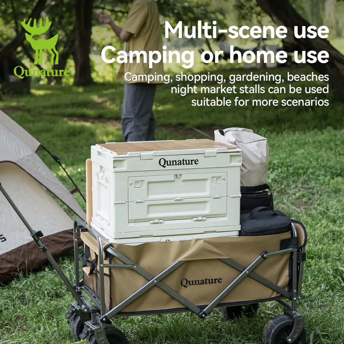 Camping cart with storage crate in a grassy area, featuring Qunature branding.