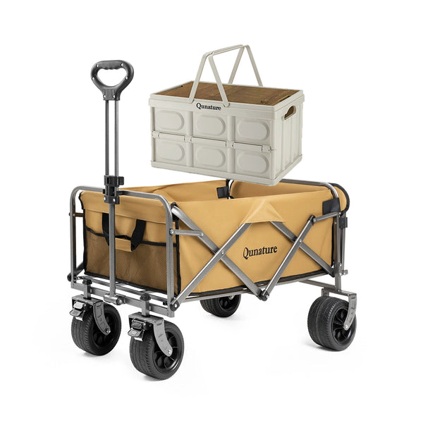Beige folding wagon with a storage box on a white background