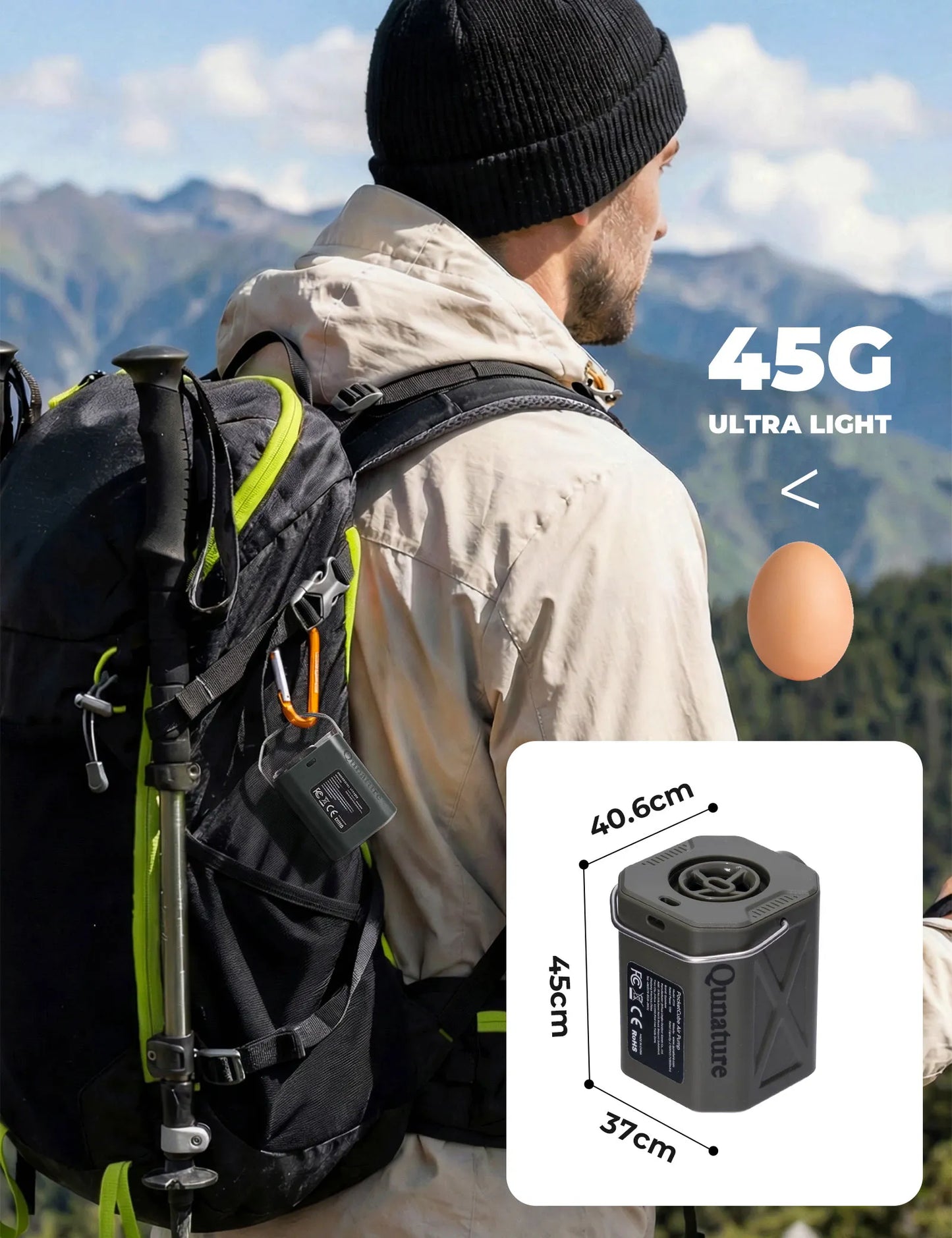 Person with a backpack in a mountainous area, showcasing a 45G ultra-light device.
