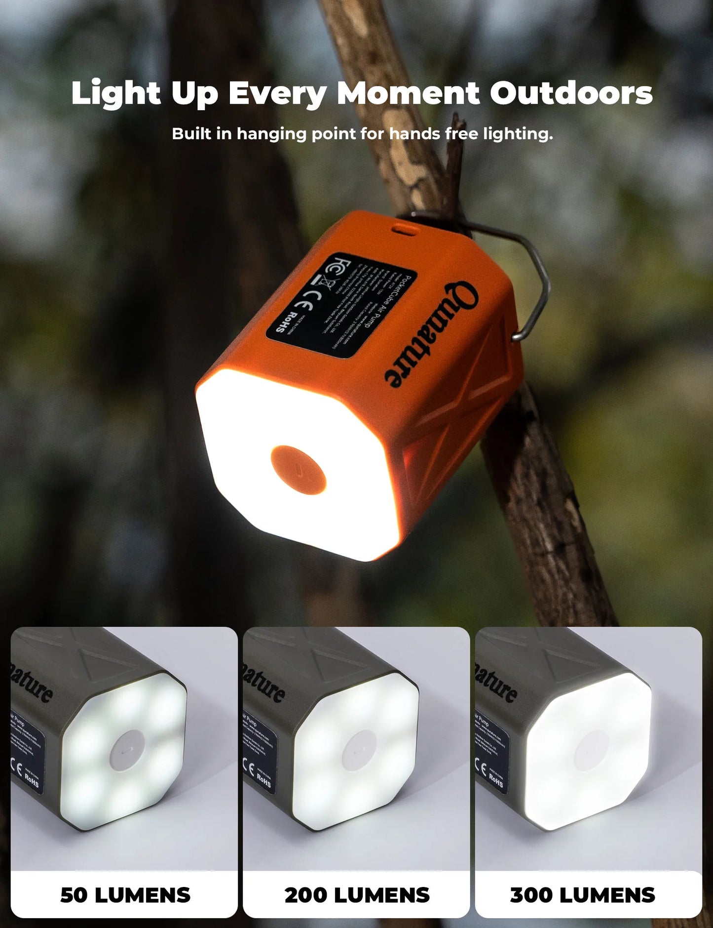 Orange light source with hanging point on a branch, featuring Qunature branding and lumens information.