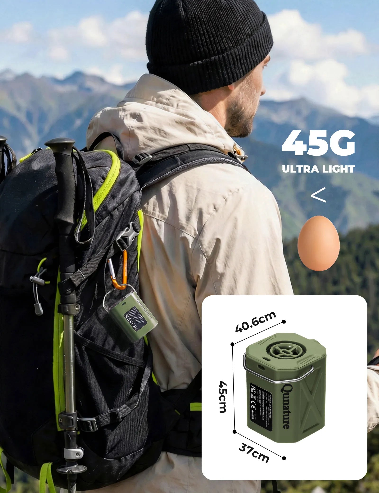 Person with a backpack wearing a black beanie, standing in a mountainous landscape with a 45G ultra-light battery pack displayed.