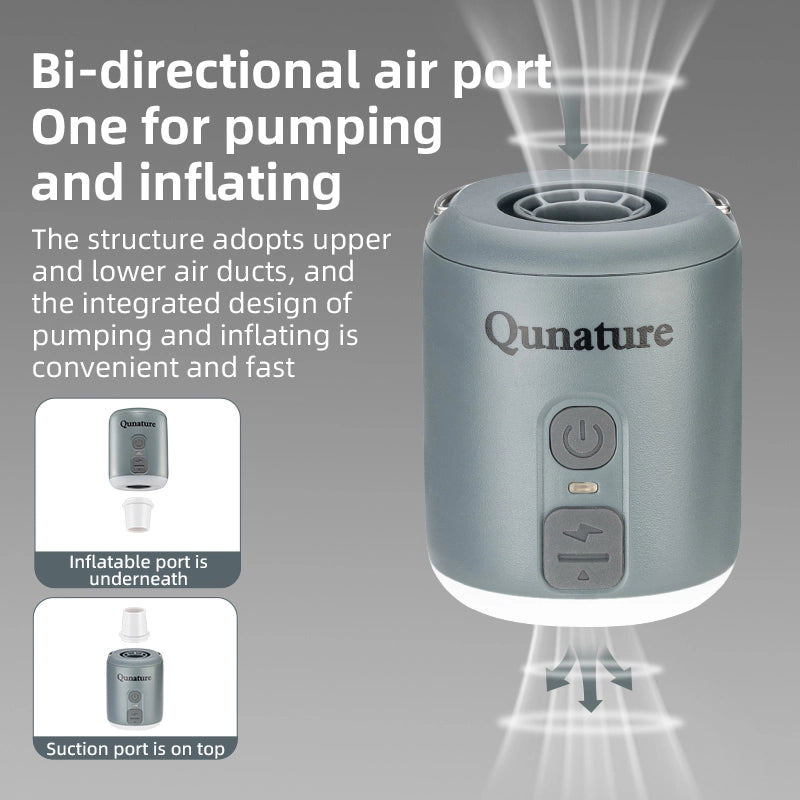 Qunature air pump with text explaining its features on a gray background