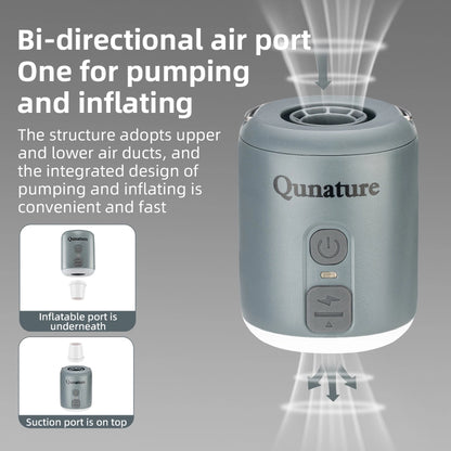 Qunature air pump with text explaining its features on a gray background