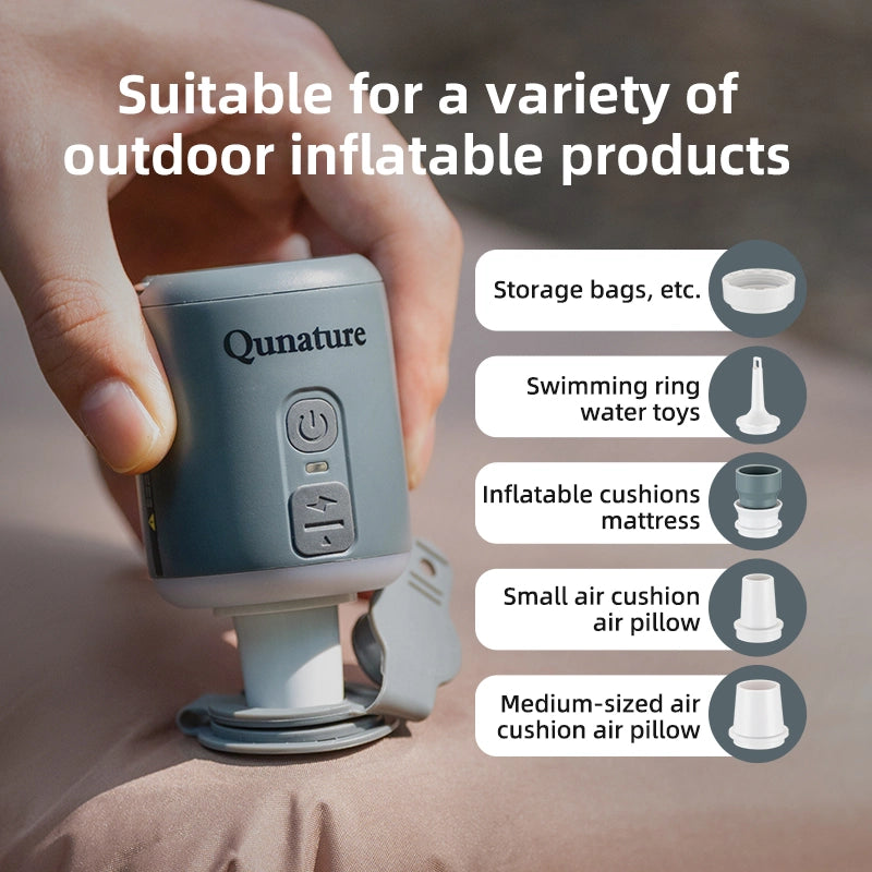 Qunature inflatable product pump held by a hand with text and icons indicating product uses.