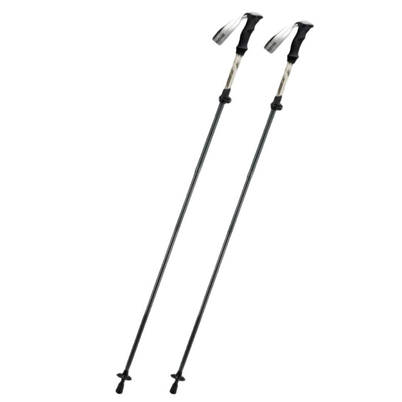 Two black hiking poles with adjustable caps on a white background
