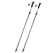 Two black hiking poles with adjustable caps on a white background