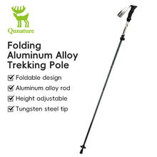 A foldable, adjustable, and lightweight aluminum trekking pole with a black grip and a silver tip.