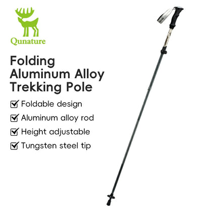 A foldable, adjustable, and lightweight aluminum trekking pole with a black grip and a silver tip.