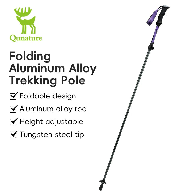 A foldable, adjustable, and lightweight aluminum trekking pole with a black grip and a silver tip.