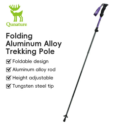 A foldable, adjustable, and lightweight aluminum trekking pole with a black grip and a silver tip.