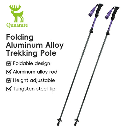 A foldable, adjustable, and lightweight aluminum trekking pole with a black grip and a silver tip.