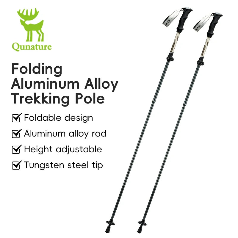 A foldable, adjustable, and lightweight aluminum trekking pole with a black grip and a silver tip.