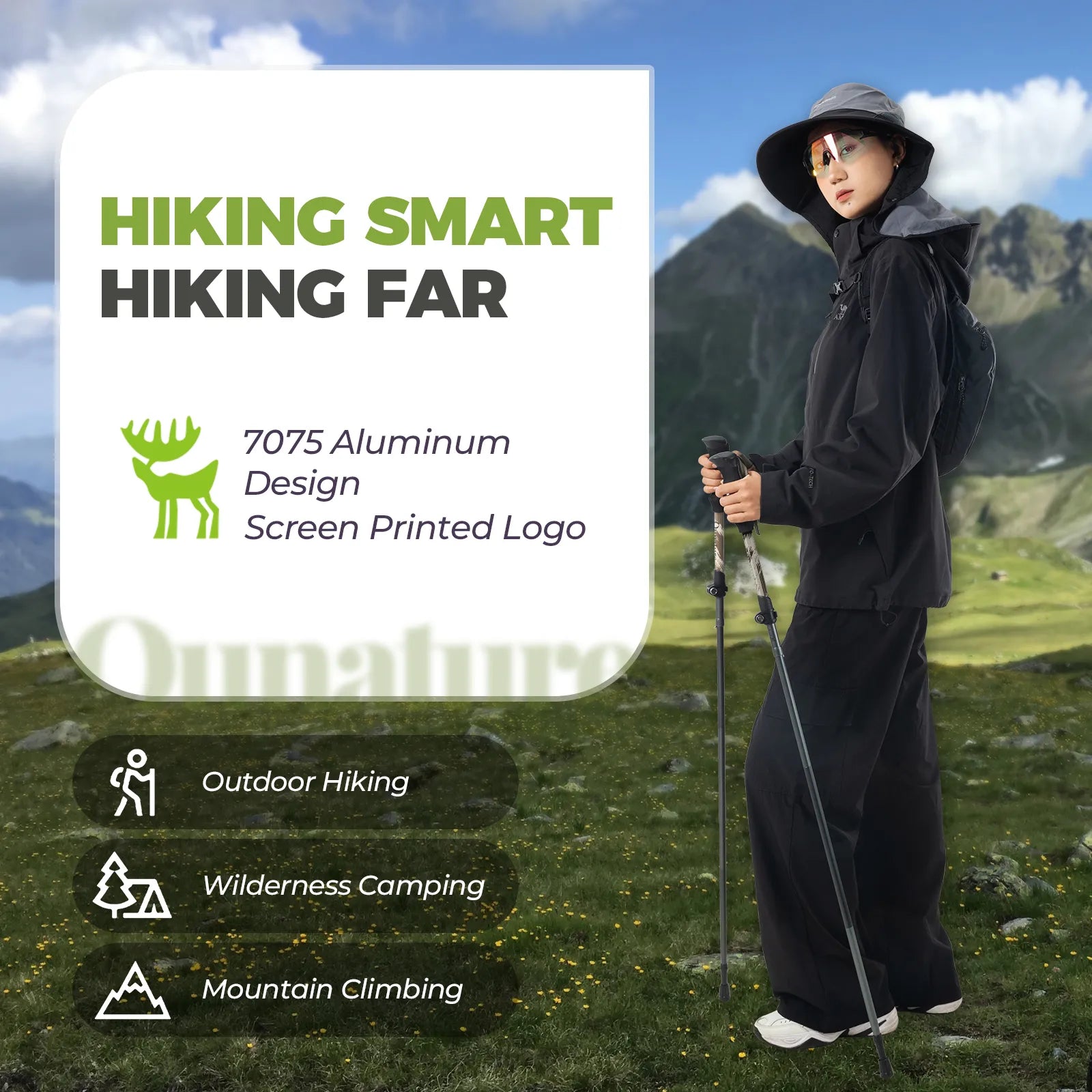 Person hiking with trekking poles in a mountainous area, featuring 'Hiking Smart Hiking Far' branding.
