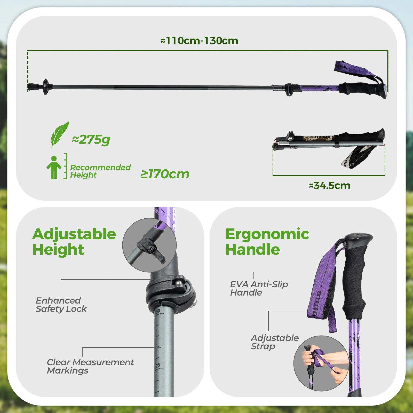 Walking sticks with adjustable height and ergonomic handle features on a white background.