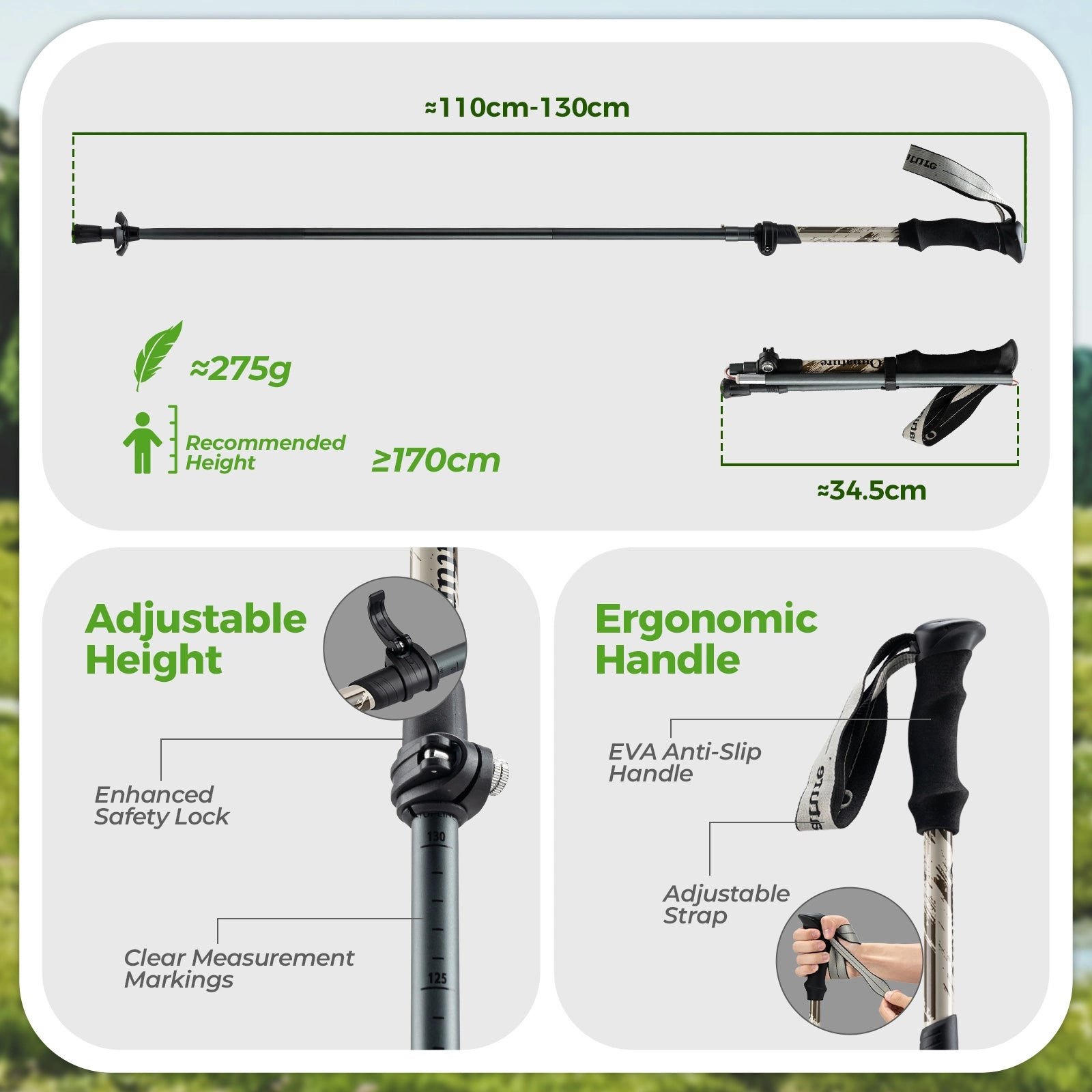 Hiking poles with adjustable height and ergonomic handle features on a white background.
