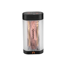 A cylindrical portable lantern with a frosted white body, a black top and bottom cap, and a topographic contour line pattern in pink, orange, and brown. The brand name 'Qunature' is printed vertically in black on the center, and its logo is visible on the bottom cap.