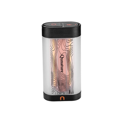 A cylindrical portable lantern with a frosted white body, a black top and bottom cap, and a topographic contour line pattern in pink, orange, and brown. The brand name 'Qunature' is printed vertically in black on the center, and its logo is visible on the bottom cap.