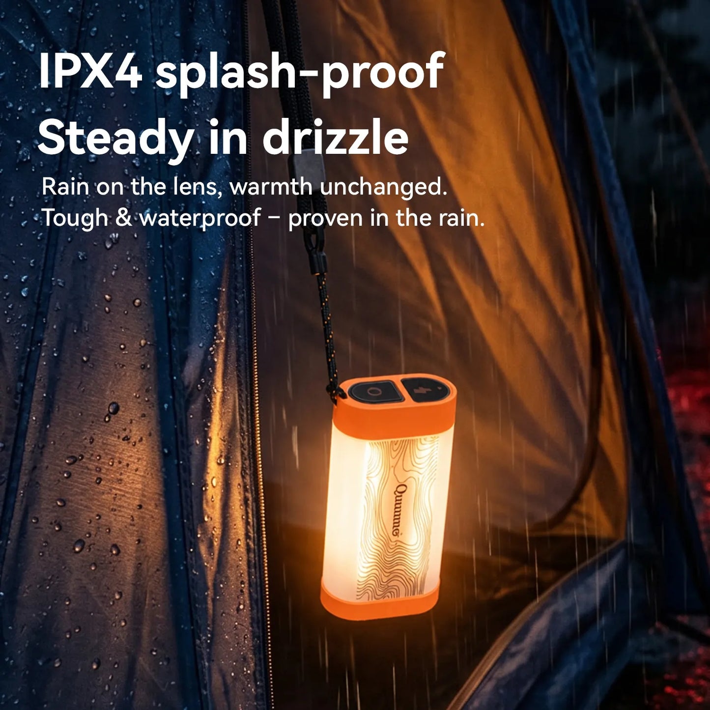 An orange and black camping lantern with a warm white light hangs inside a rain-covered tent. White text at the top reads 'IPX4 splash-proof Steady in drizzle' with additional rainproof claim copy below.