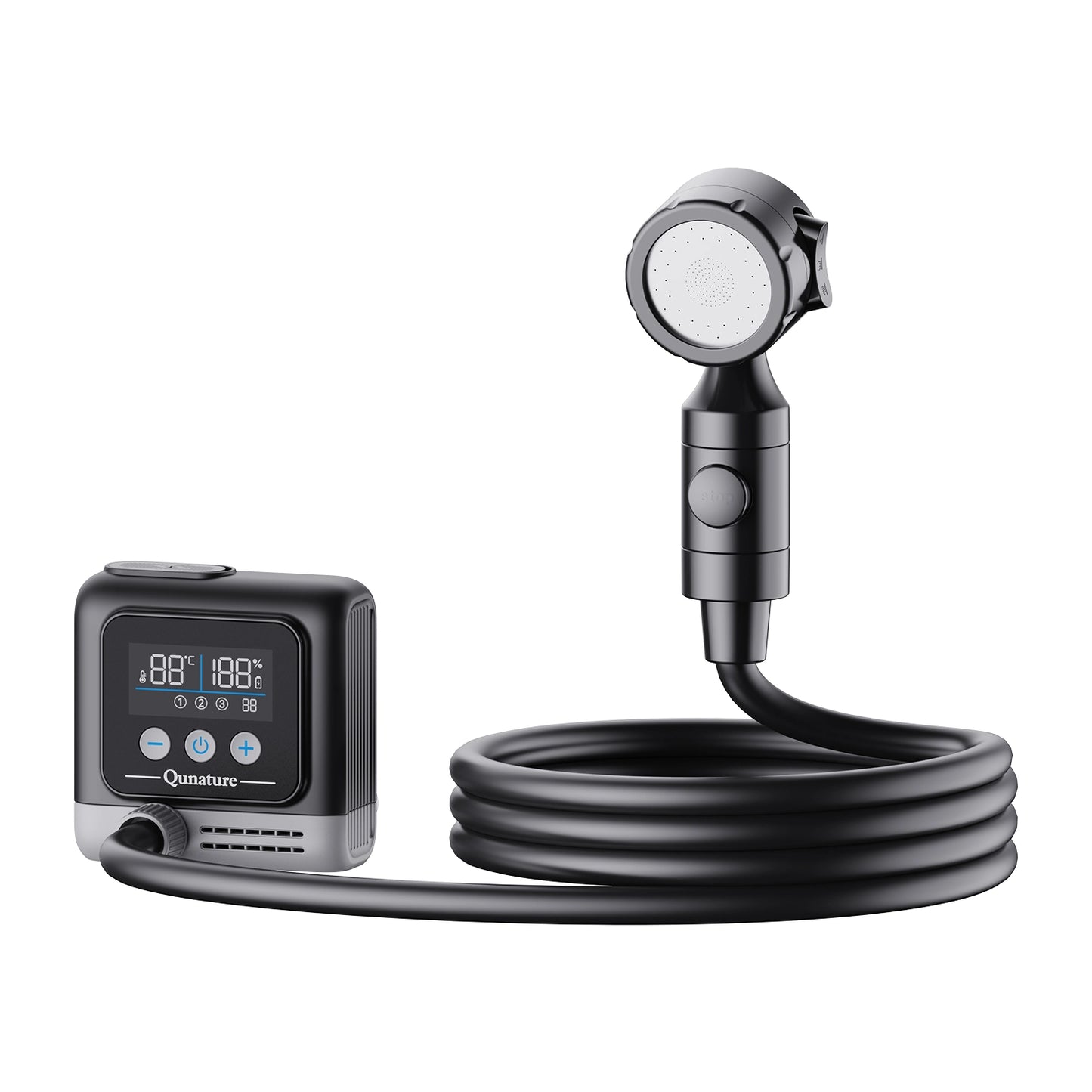 Digital shower head with temperature display on a white background
