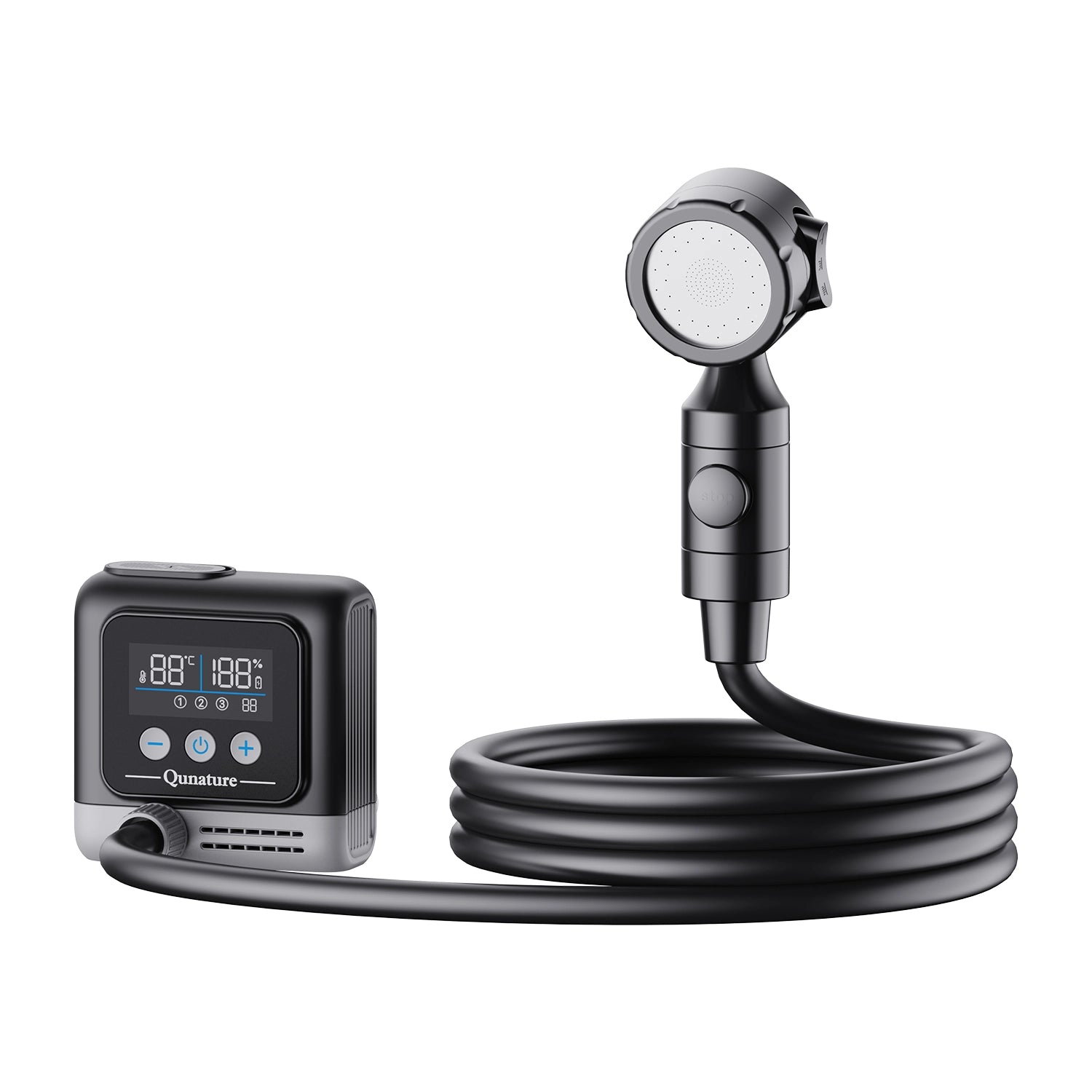 Digital shower head with temperature display on a white background