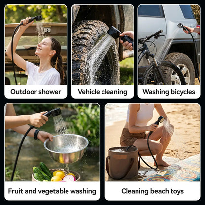 Collage of various uses for a handheld shower head including outdoor shower, vehicle cleaning, washing bicycles, fruit and vegetable washing, and cleaning beach toys.