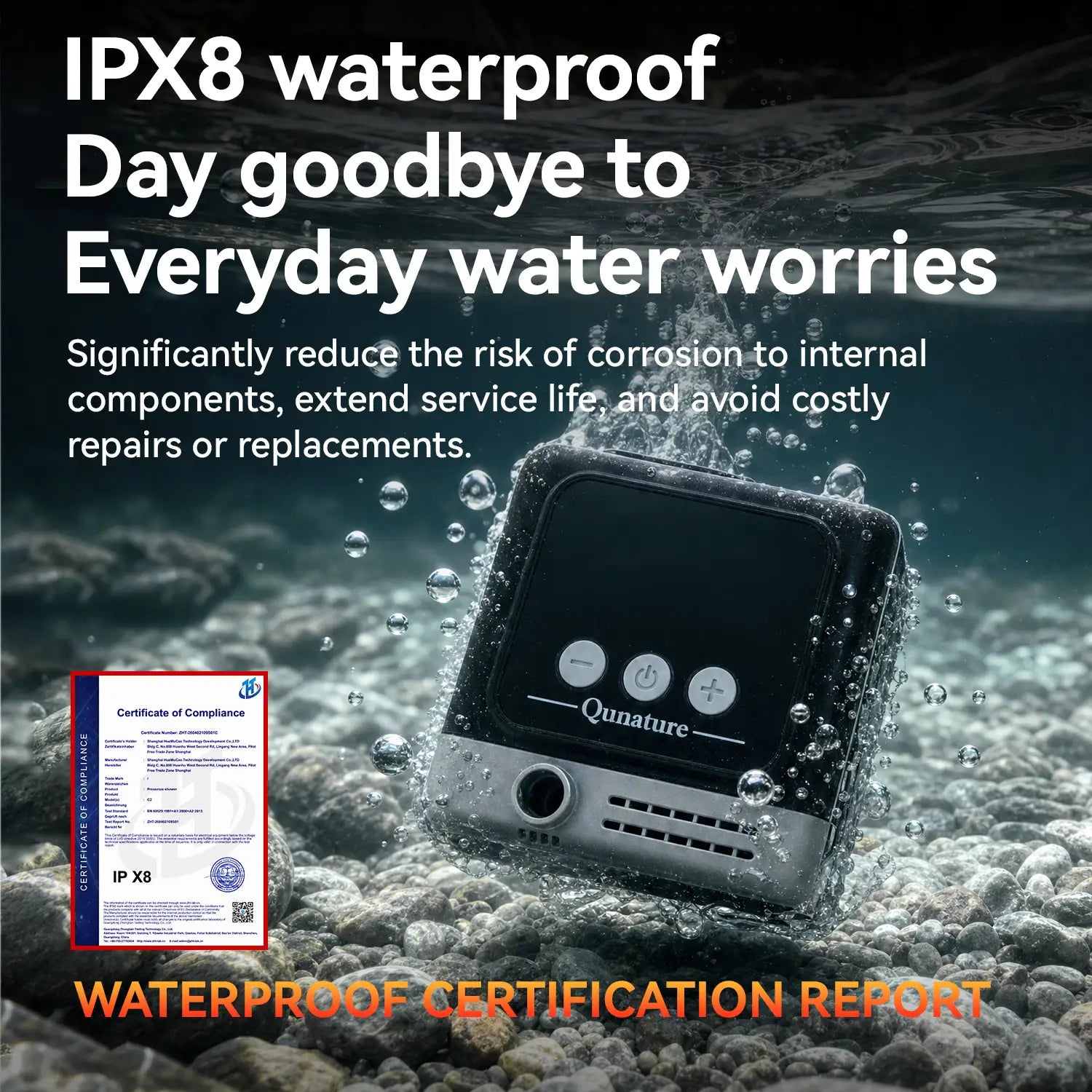 Product submerged in water with text highlighting IPX8 waterproof rating and benefits.