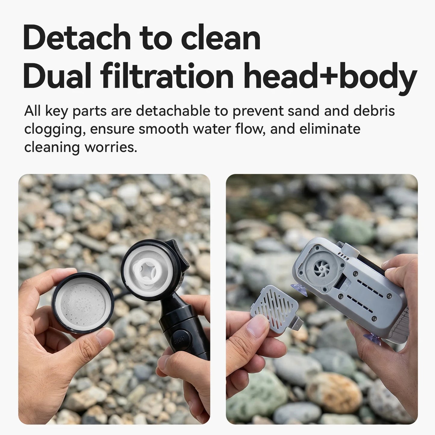 Dual filtration head and body of a device being detached to clean, with text explaining detachable parts for cleaning.