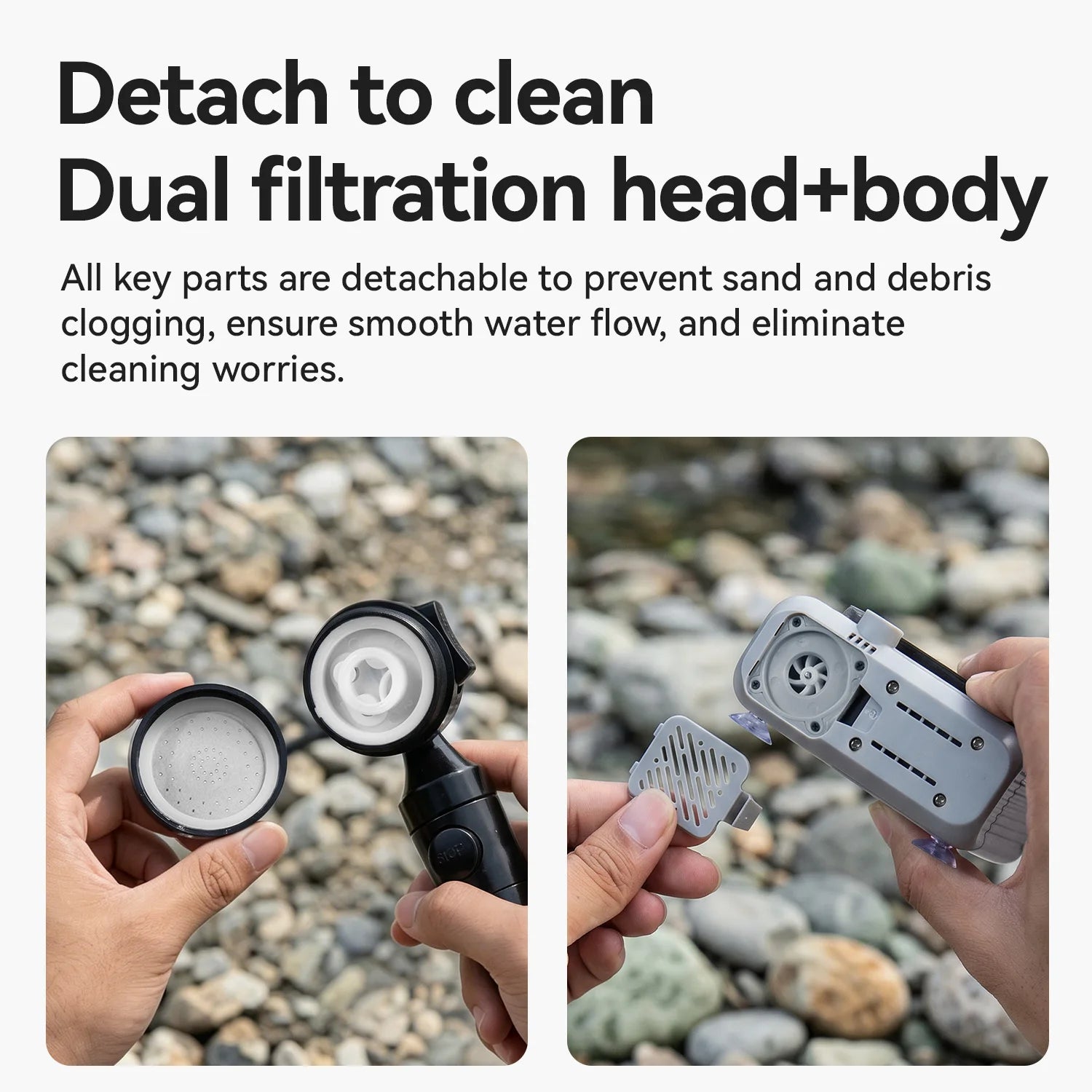 Dual filtration head and body of a device being detached to clean, with text explaining detachable parts for cleaning.