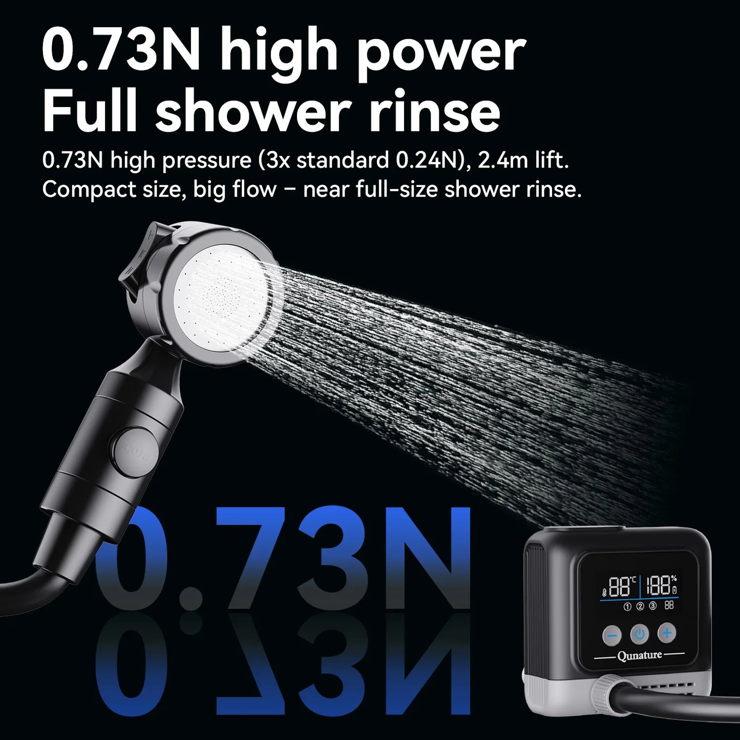 High power shower head with digital display on a black background