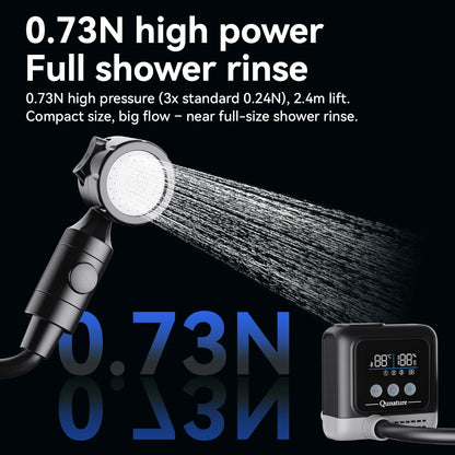 High power shower head with digital display on a black background