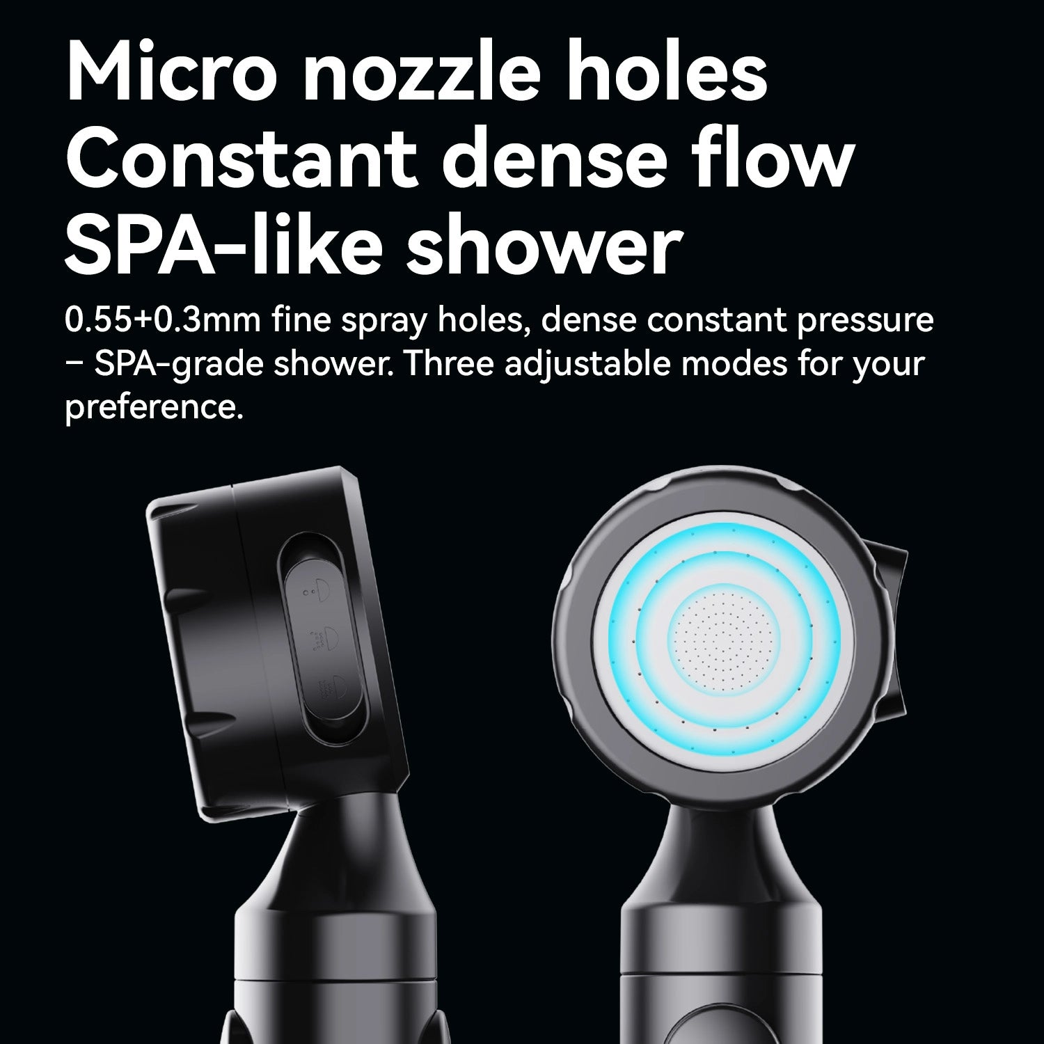 Shower head with micro nozzles and text on a black background