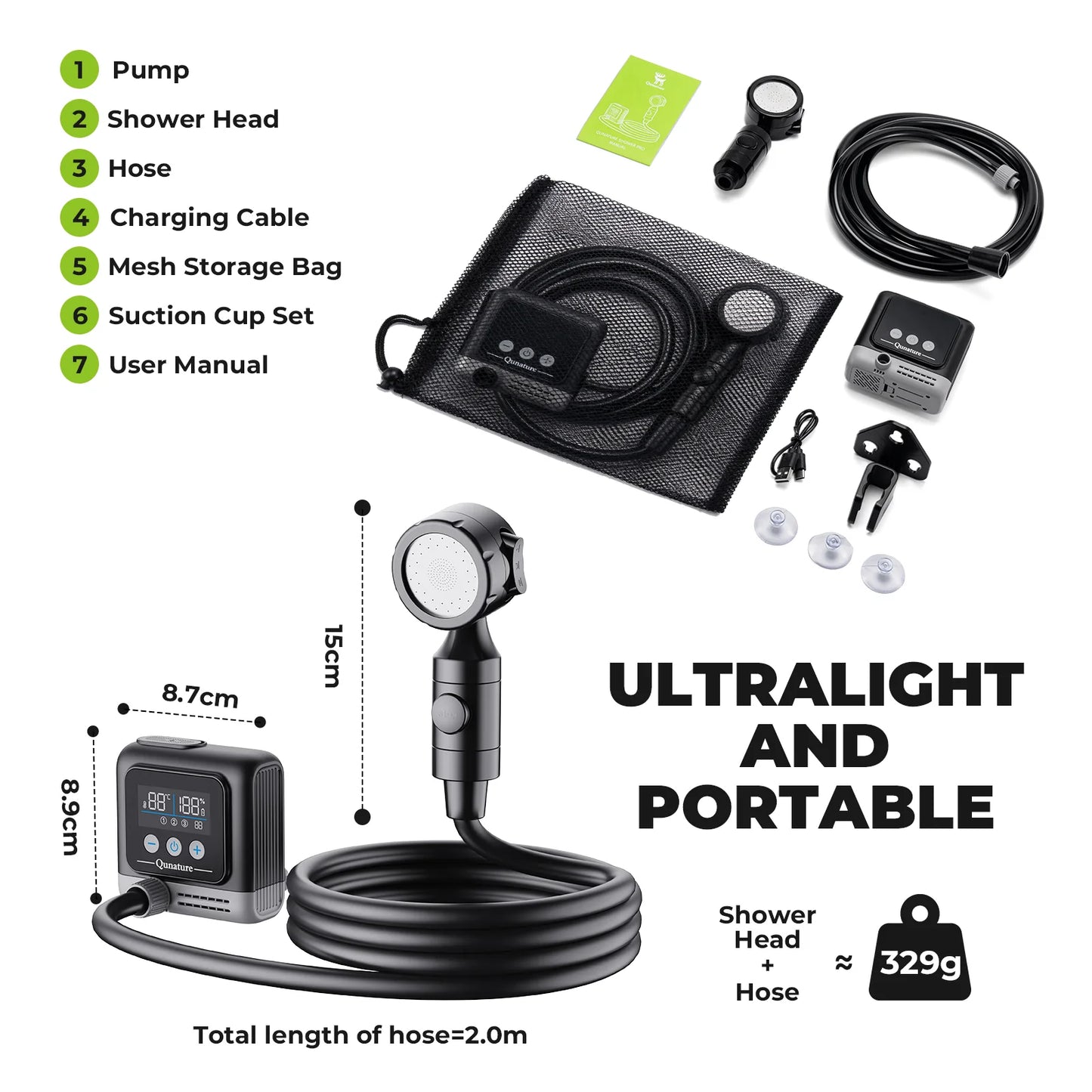 Portable shower head set with a coiled black hose, handheld shower head, gray electronic controller, mesh storage bag, accessories, and printed product details on a white background. Text lists included items and highlights 'ULTRALIGHT AND PORTABLE' with weight and dimensions.