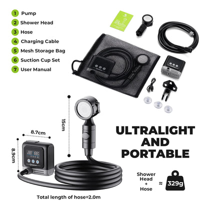 Portable shower head set with a coiled black hose, handheld shower head, gray electronic controller, mesh storage bag, accessories, and printed product details on a white background. Text lists included items and highlights 'ULTRALIGHT AND PORTABLE' with weight and dimensions.