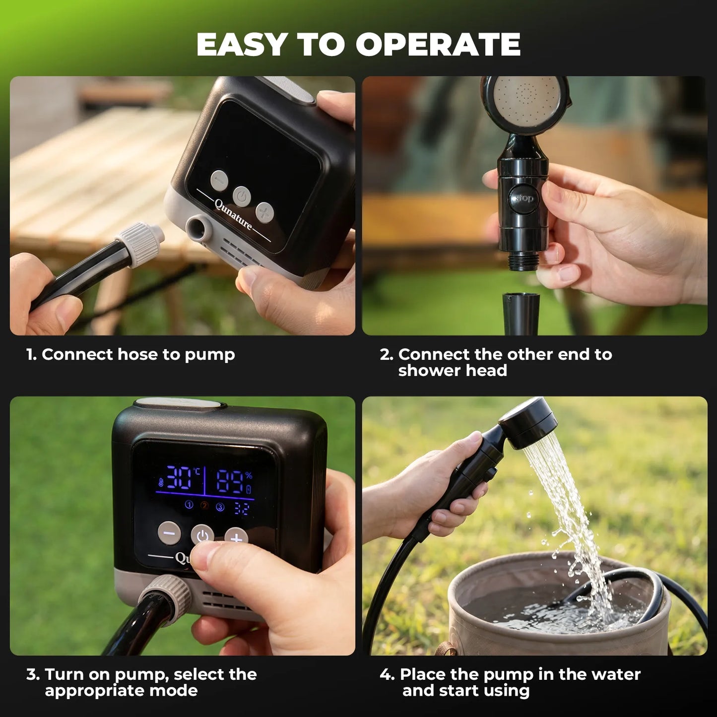 Four-panel instructional graphic titled 'EASY TO OPERATE' showing how to use a small pump shower system: connecting the hose to the pump, connecting the other end to the shower head, turning the pump and selecting a mode, and placing the pump in water to start using it.