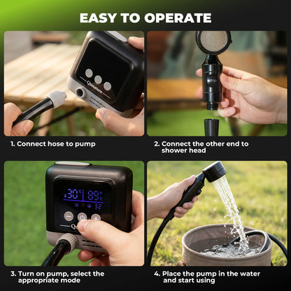 Four-panel instructional graphic titled 'EASY TO OPERATE' showing how to use a small pump shower system: connecting the hose to the pump, connecting the other end to the shower head, turning the pump and selecting a mode, and placing the pump in water to start using it.
