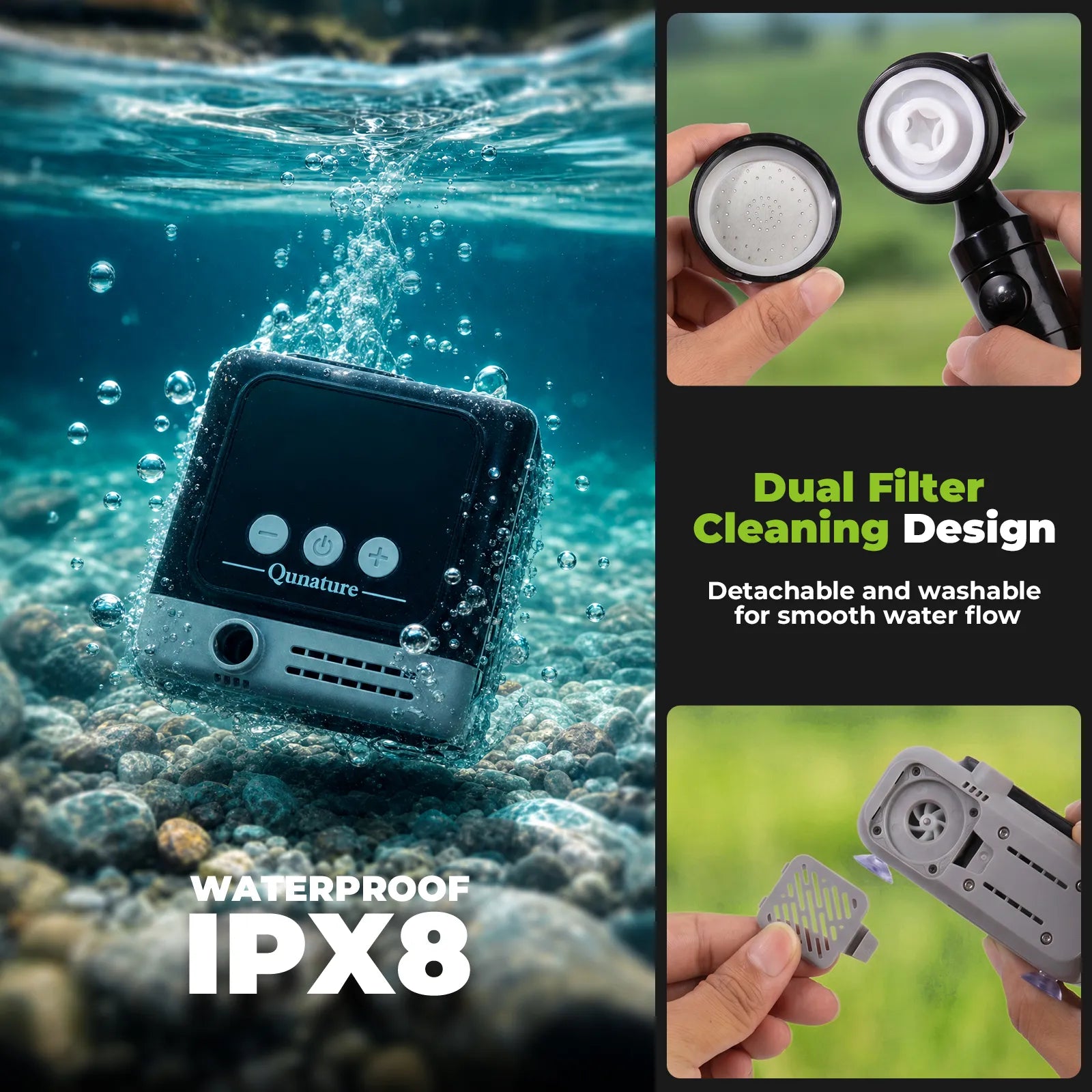 A promotional collage for a waterproof underwater camera or filter device. The left panel shows the device underwater with bubbles around it and large text reading 'WATERPROOF IPX8.