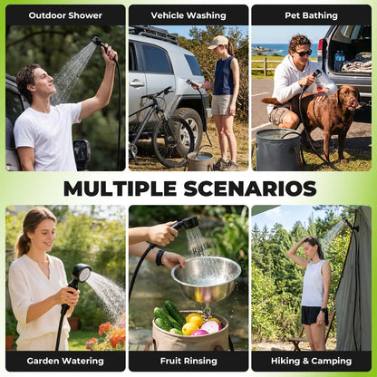 A six-panel promotional collage showing a handheld shower head in use for outdoor showering, vehicle washing, pet bathing, garden watering, fruit rinsing, and hiking camping. The panels include people and animals in real environments, with the center text 'MULTIPLE SCENARIOS' on a light green background.