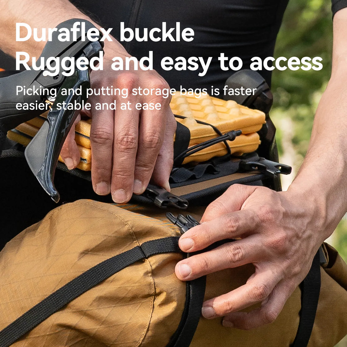 The khaki adjustable handlebar cradle bike bag carrier's Duraflex buckle makes it easier to take it