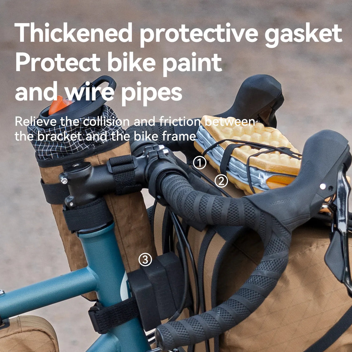This khaki adjustable handlebar cradle bike bag carrier is designed with three sets of anti-collision pads to protect the wire tube without damaging the paint