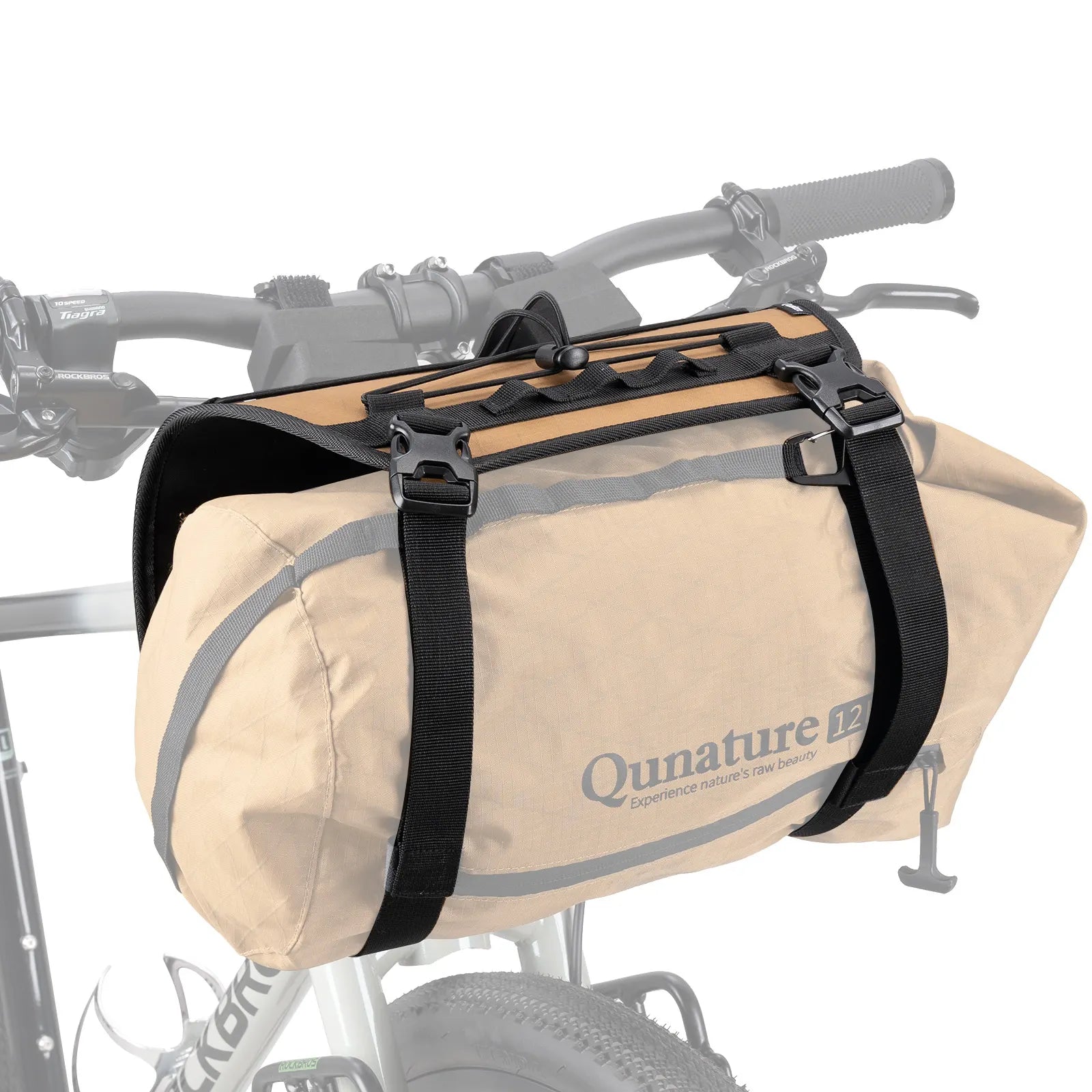 A khaki adjustable handlebar cradle bike bag carrier 
