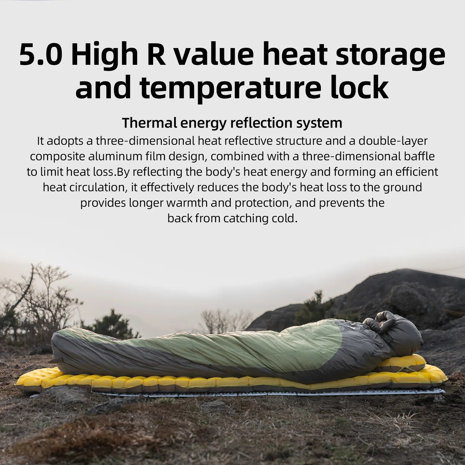 Person lying on a sleeping bag with text about high R value heat storage and temperature lock system.