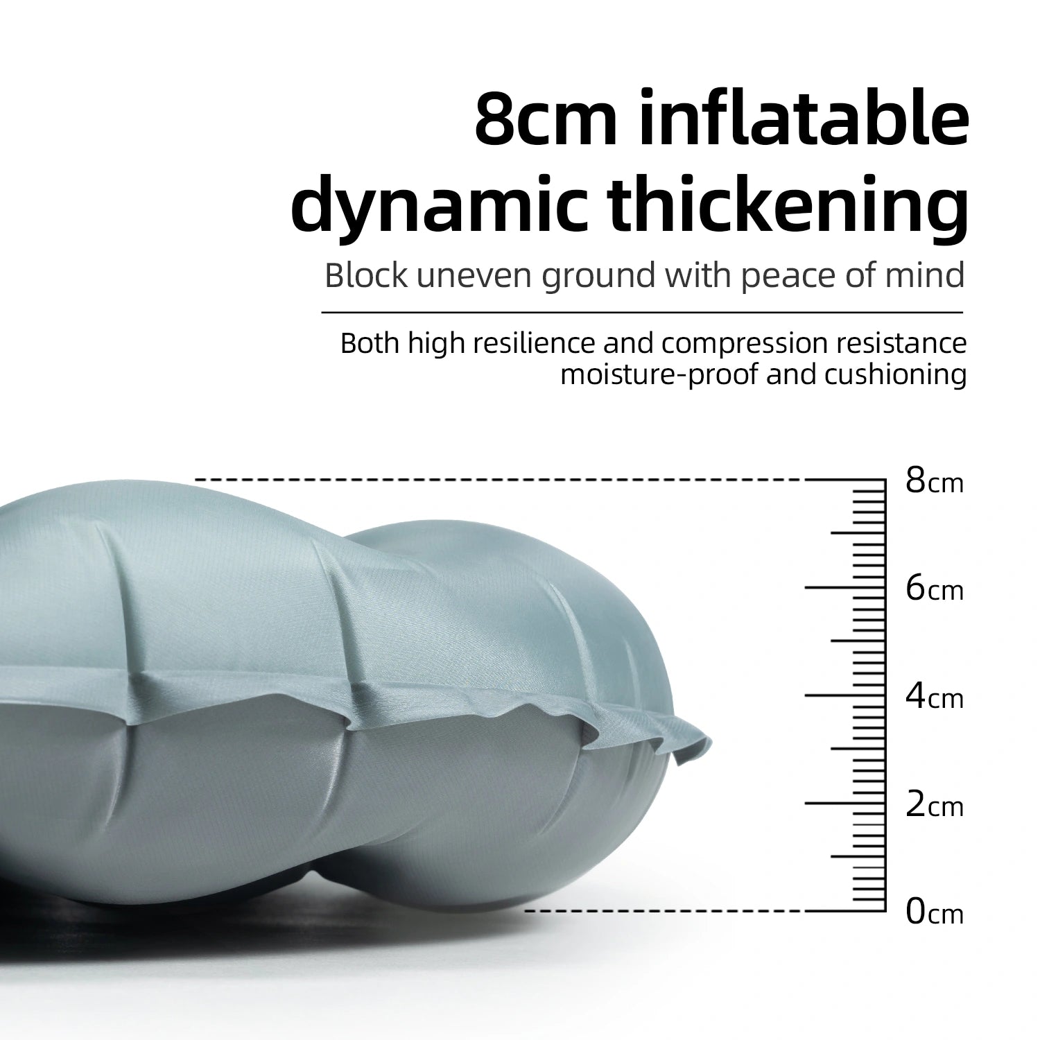 8cm inflatable cushion with text on resilience and compression resistance, shown with a measurement scale.