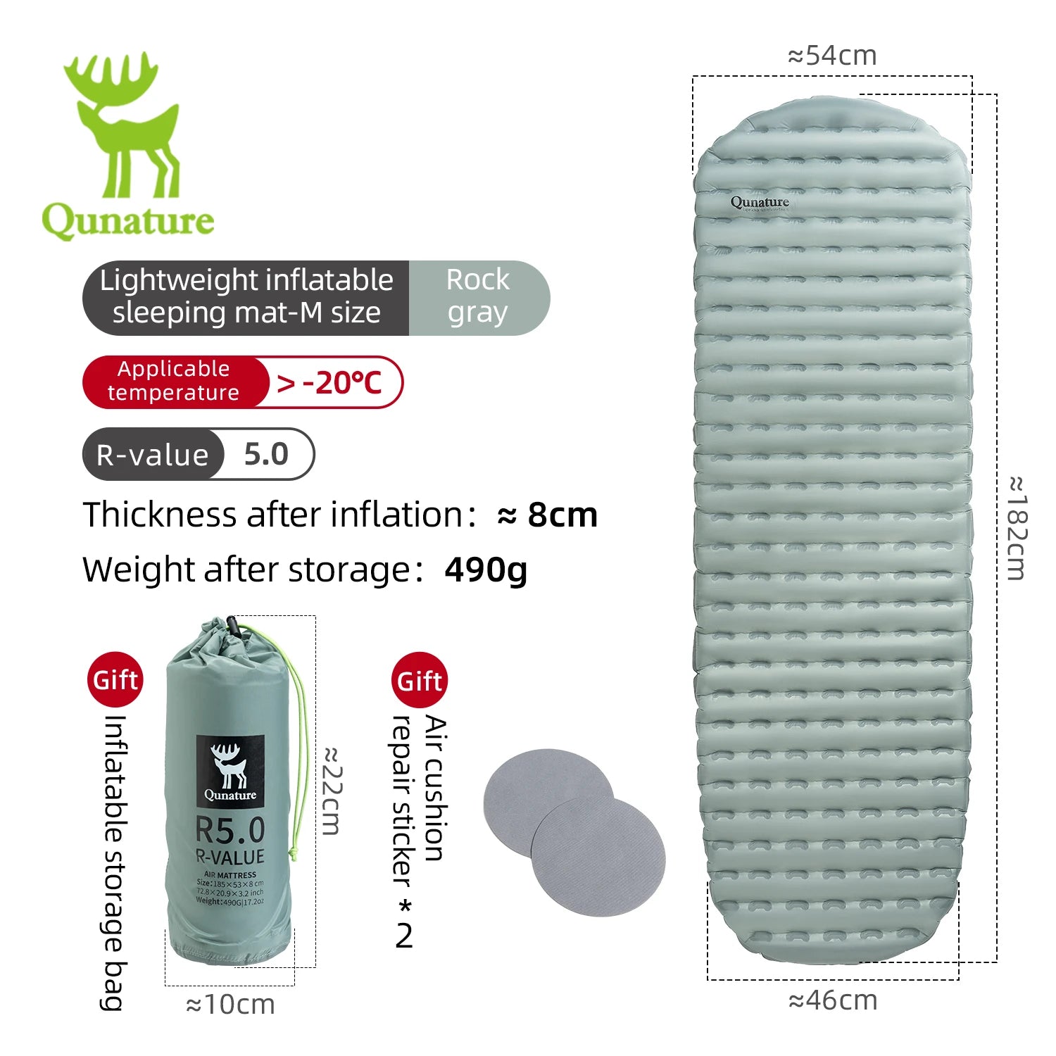 Qunature inflatable sleeping mat with dimensions, weight, and features on a white background
