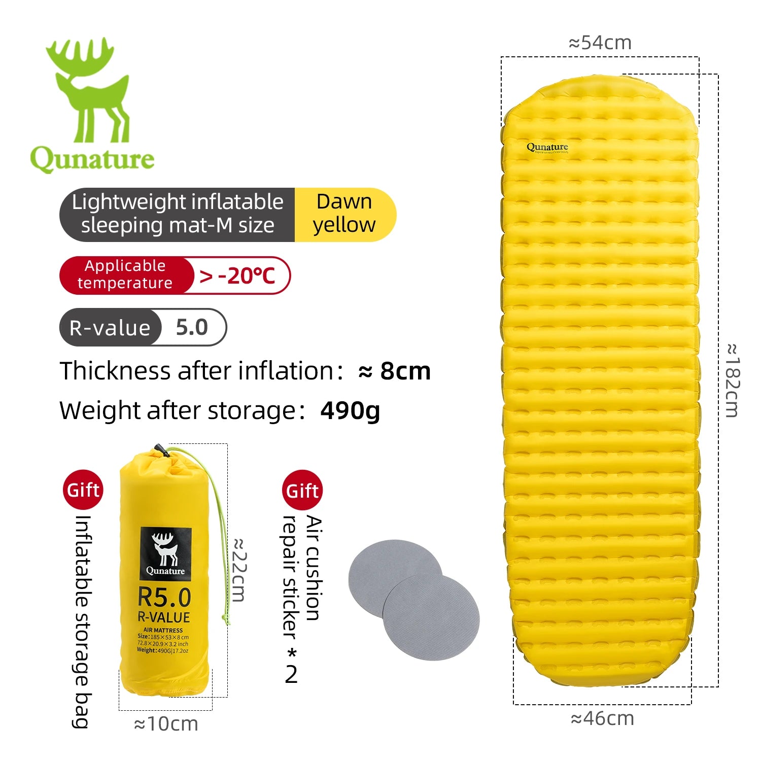 Yellow inflatable sleeping mat with Qunature branding, showing dimensions and features on a white background.