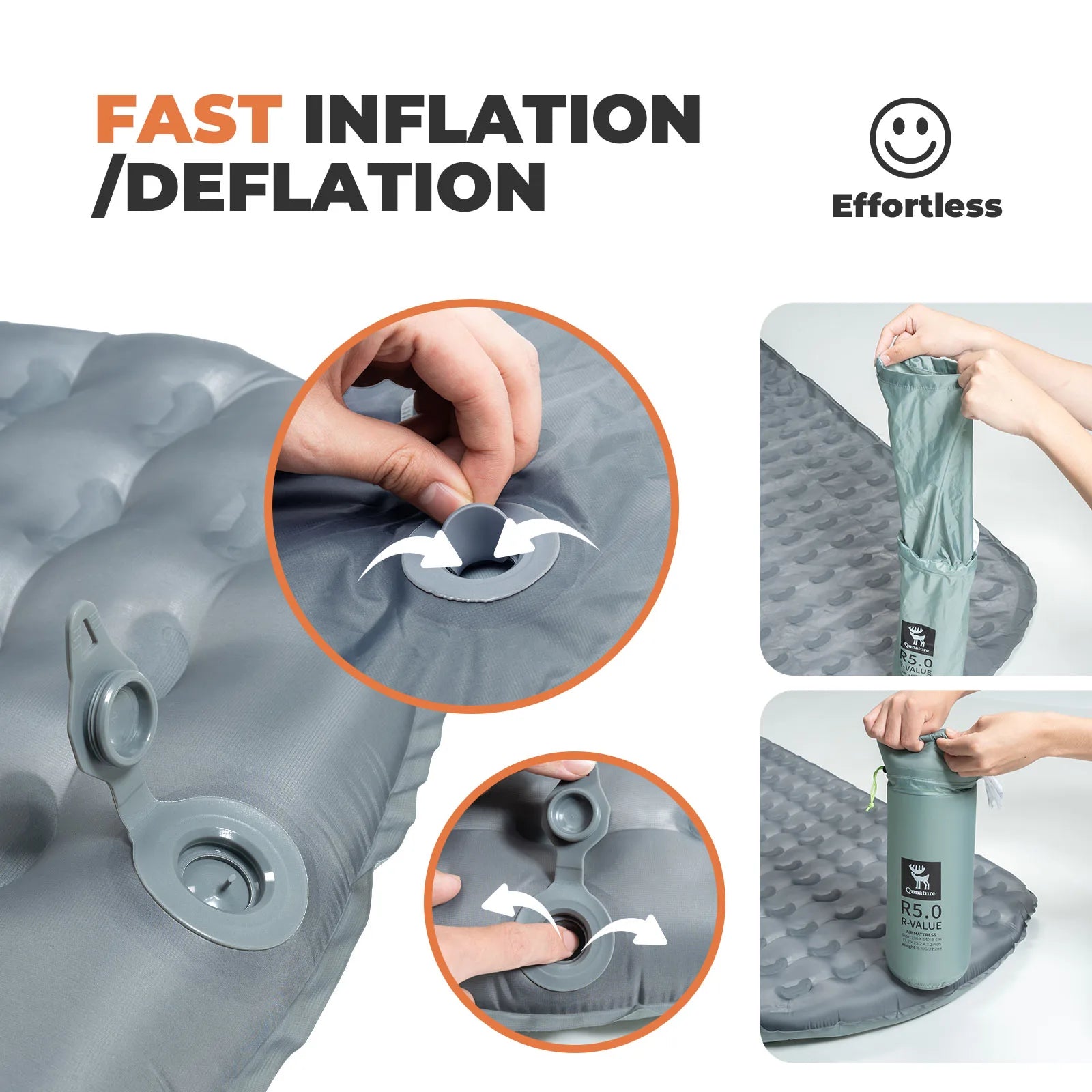 Inflatable mat with fast inflation and deflation features, shown with hands and a smiley face icon.