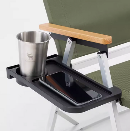 A green aluminum alloy camping chair with a matching small table, featuring wooden armrests and a back storage pocket.