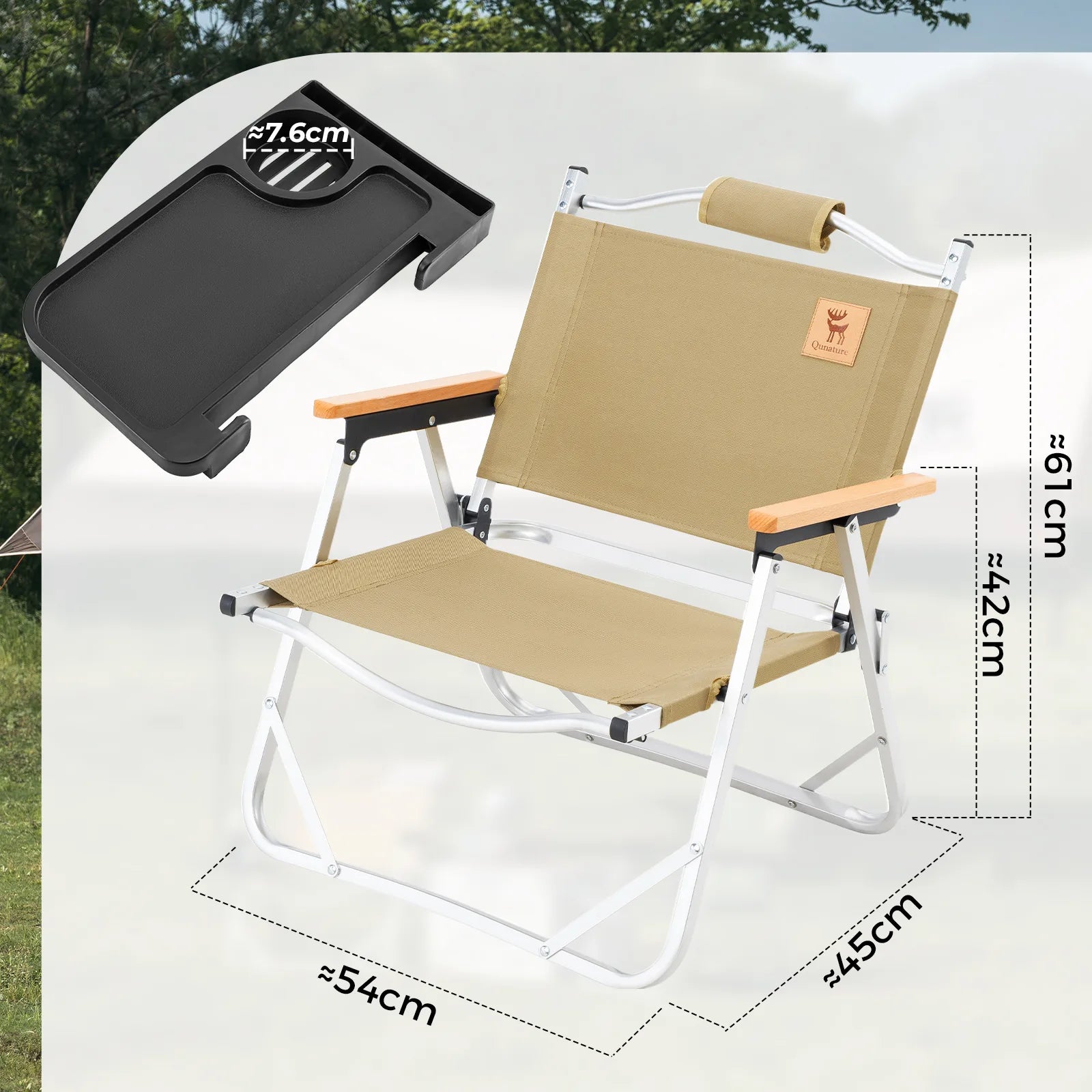 Beige camping chair with dimensions and a small black grill on a white background.