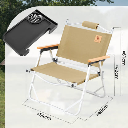 Beige camping chair with dimensions and a small black grill on a white background.