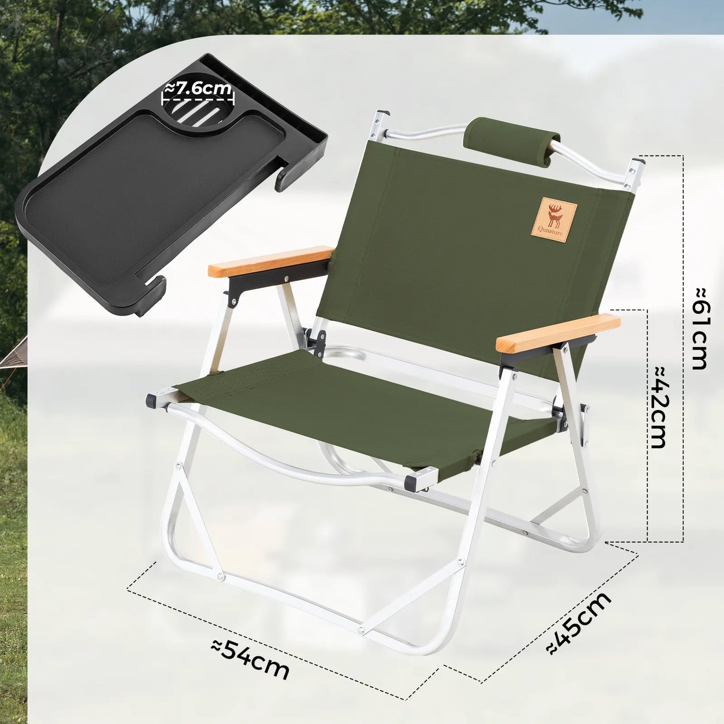 Green camping chair with tray and dimensions on a white background